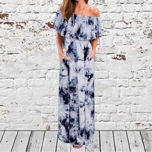 Blue and White Tie-dye Off the Shoulder Maxi Dress Size Large